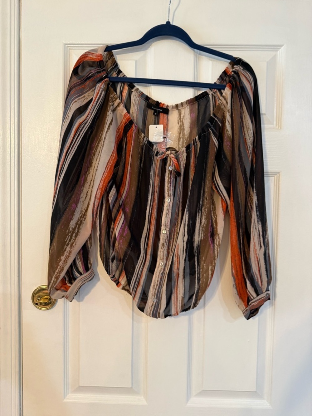 Olivaceous Striped Button-Front Peasant Blouse in Black, Brown & Orange